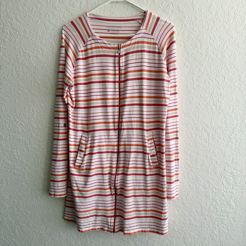Coolibar Cabana Swim Coverup Dress Medium Stripe UPF 50+ Full Zip Pockets Beach